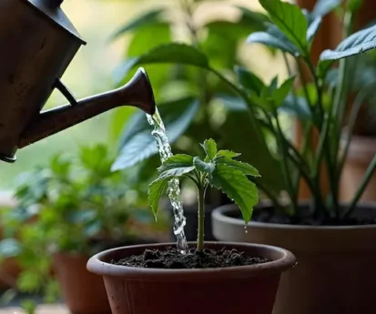 植物に水をあげて育てる様子